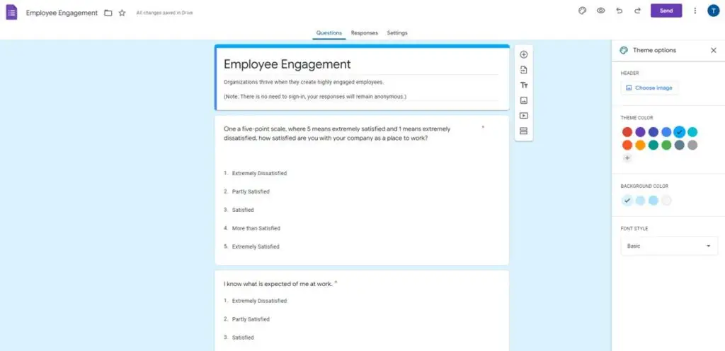 Picture of a sample google survey for collecting Employee Engagement scores.