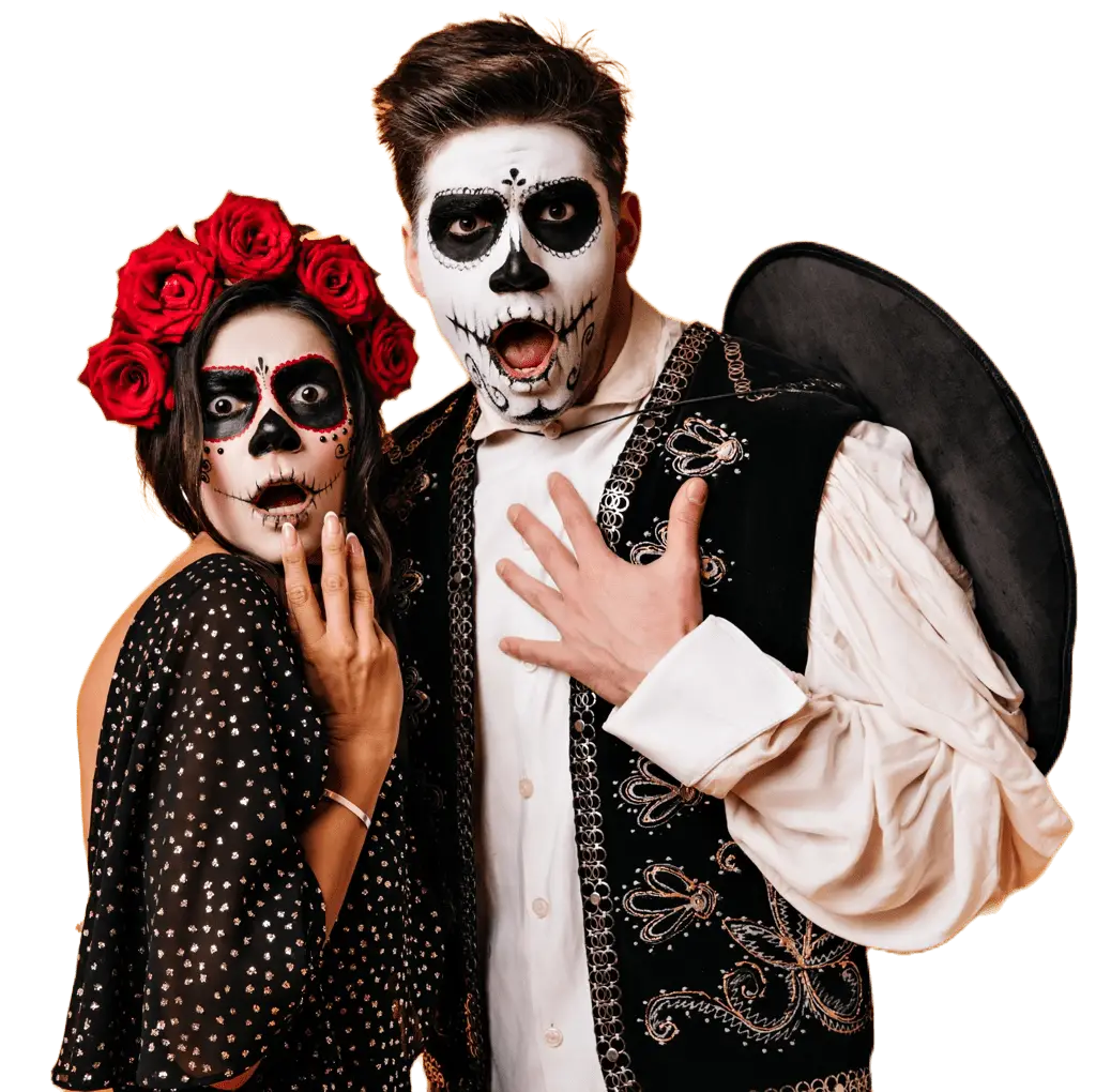Happy Halloween Couple Dressed for Day of the Dead