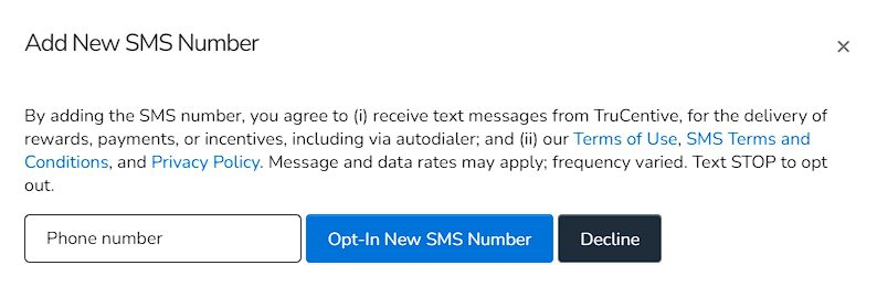 TruCentive SMS message Opt-In dialog