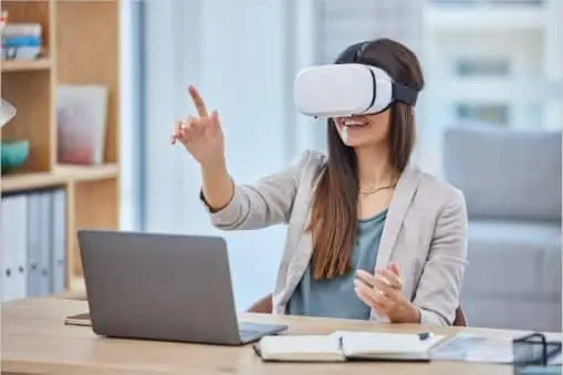 Woman at work using a Virtual reality headset